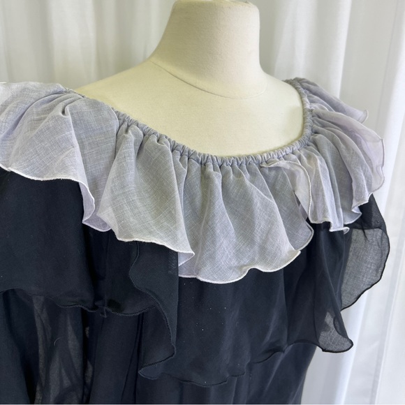 Vintage 80s Black and Silver Ruffle Cotton Gauze Mini Dress - Picture 3 of 16